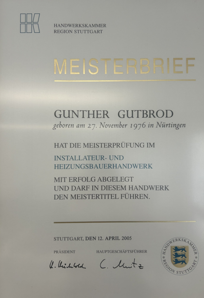 Meisterbrief Gunther Gutbrod